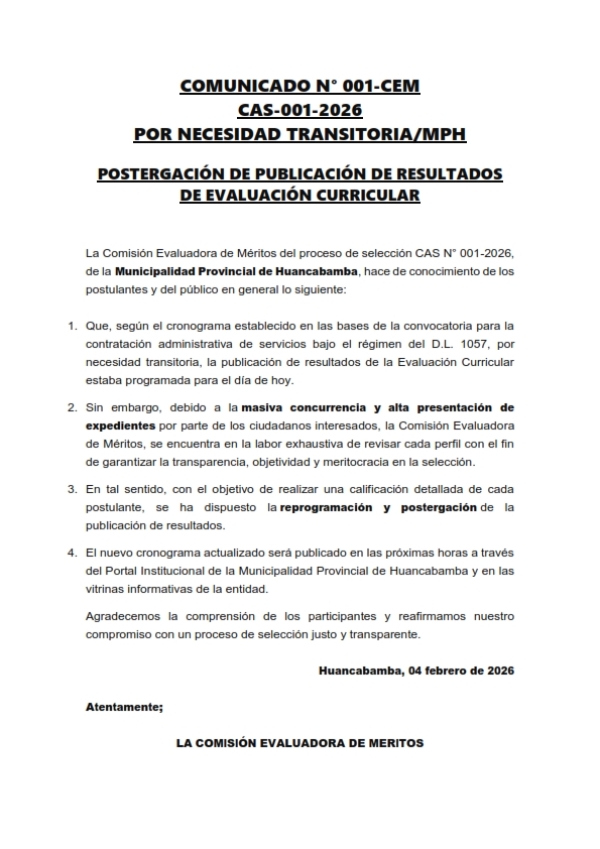COMUNICADO N&deg;01-CEM-CAS-2026 POR NECESIDAD TRANSITORIA/MPH